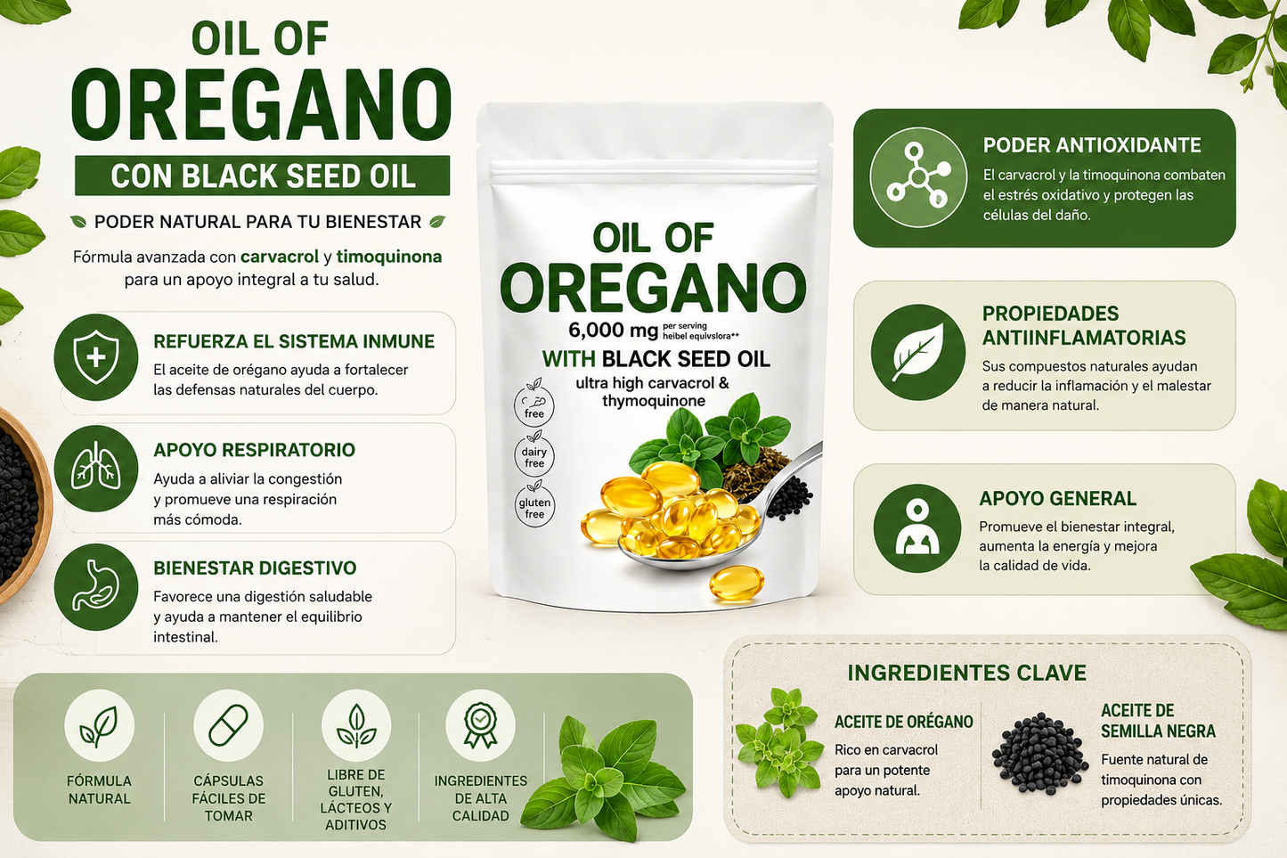 ACEITE DE ORÉGANO Y COMINO NEGRO 6000 MG (180 CÁPSULAS BLANDAS)